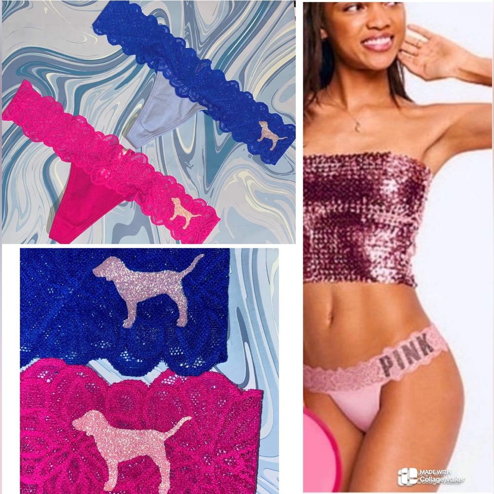 2 Victoria’s Secret PINK Thong Panties PINK lace panties bundle pink dog bling